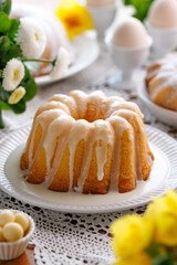Bundt cake, Babka covered with icing,  close up view.  Traditional Easter dessert
