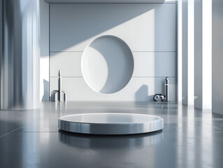 Modern minimalist interior with a podium display, shadows, and sunlight.