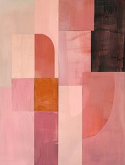 An abstract painting featuring squares in shades of pink, brown, and orange arranged in a dynamic composition.