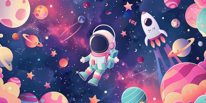 A colorful space scene with a space suit astronaut floating in the middle of it