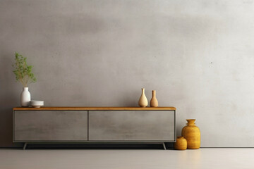 Contemporary dresser and cabinet on raw concrete surface, mock-up poster.