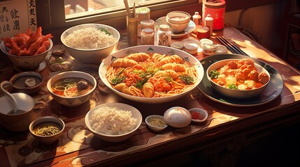 Assorted Chinese food set. Chinese noodles, fried rice, dumplings, duck, dim sum, spring rolls. Famous Chinese cuisine dishes on table. Top view. Chinese restaurant concept. Asian style banquet - obrazy, fototapety, plakaty