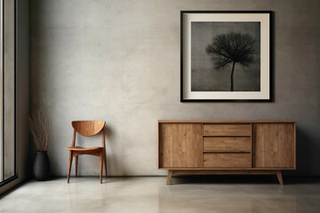 Contemporary interior with a wooden cabinet and dresser set against a textured concrete wall. A...