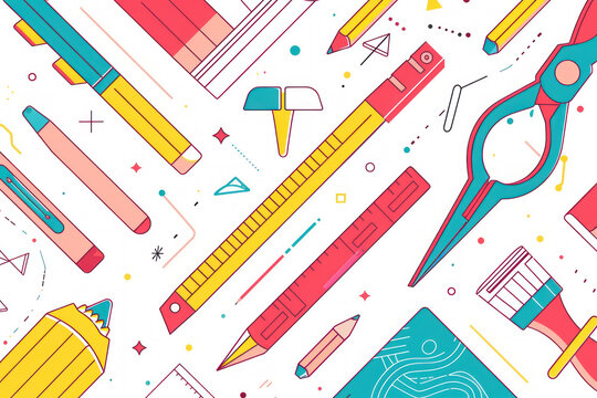 A colorful drawing of various writing and drawing supplies, including pens