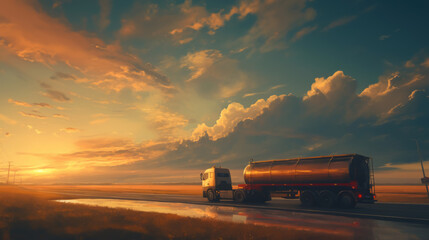 A large truck is driving down a road with a beautiful sunset in the background