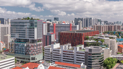 Singapore skyline with Victoria street and shopping mal aerial timelapse.
