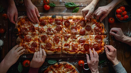 Foto op Plexiglas Hands reach for a slice of a freshly made rectangular pepperoni pizza at a pizza party. On a wooden cutting board. © Mark