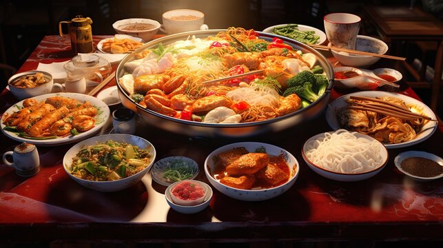 Assorted Chinese food set. Chinese noodles, fried rice, dumplings, duck, dim sum, spring rolls. Famous Chinese cuisine dishes on table. Top view. Chinese restaurant concept. Asian style banquet