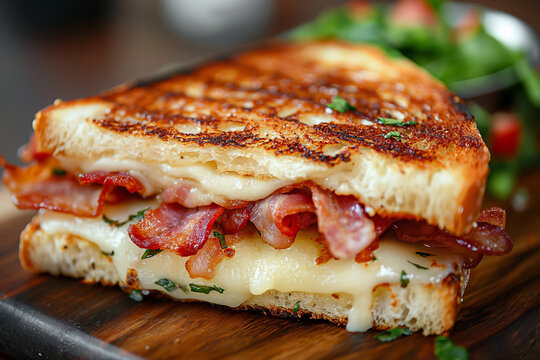 Closeup grilled delicious croque monsieur sandwich. Toast sandwich with cheese and bacon served on wooden plate in restaurant. Melted cheese and fried slices of bacon