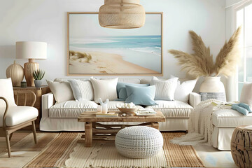 Minimalist living decoration in cool tones that are pleasing to the eye. - obrazy, fototapety, plakaty