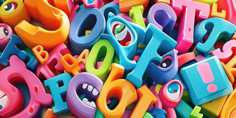 A colorful pile of letters and numbers, including the letters B, J, and F