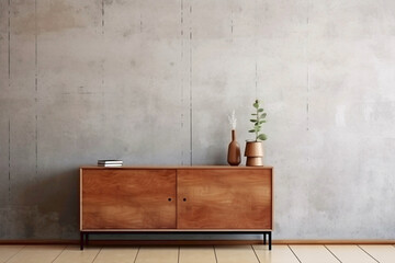 Contemporary living room with wooden cabinet, dresser, and mock-up poster frame against textured concrete backdrop.
