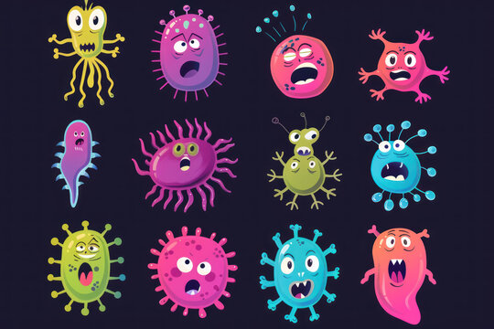 A set of cartoonish images of various types of bacteria and viruses