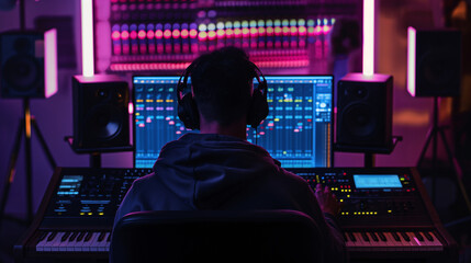 A person in a hoodie is immersed in music production, working at a home studio setup with a digital audio workstation and various synthesizers, illuminated by neon lights.