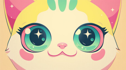A cartoon cat with big eyes and a pink nose - obrazy, fototapety, plakaty