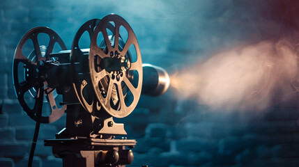film projector on a wooden background with dramatic lighting and selective focus Old style movie projector, close-up, Generative Ai - obrazy, fototapety, plakaty