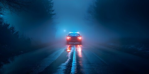 Night Lights Blur: Undercover Police Car Races Through Foggy Mystery. Concept Night Life, Police Action, Mystery, Foggy Setting, Undercover Operations