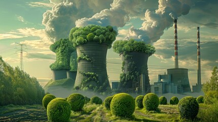 a solar plant and nuclear power plant overgrown with green branches and trees, topiary art, 16:9 - obrazy, fototapety, plakaty