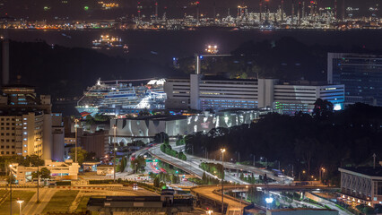 Singapore Cruise Centre is a cruise terminal aerial night timelapse