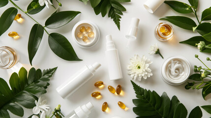 Fototapeta na wymiar variety of skincare and wellness products arranged neatly on a white surface, surrounded by lush green leaves and botanical elements.