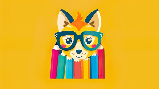 cute dog with glasses education and pens illustration background