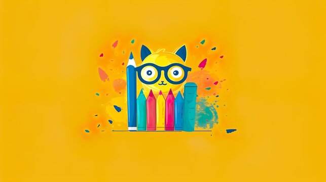 cute dog with glasses education and pens illustration background