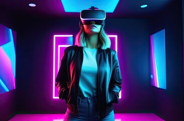 The portrait of young people wearing VR glasses, holographic and neon gradient colors. Technology, Contemporary art, Virtuality, video games concept.