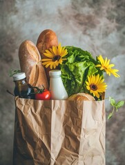 Paper Grocery Bag with Fresh Food and Flowers on Neutral Background