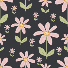 Fototapeta na wymiar Vector spring pink flowers with green leaves pattern on isolated black background. Botanical seamless pattern. For wallpaper, postcards, packaging paper.