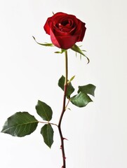 Fototapeta premium Vibrant Red Rose with Lush Green Leaves Isolated on White Background