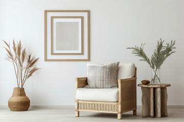 Discover the bohemian elegance of a stylish living room with a wicker chair, floor vases, and a blank mockup poster frame against a clean white backdrop.