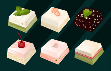 Vector set of Japanese pastry, yokan, traditional sweet, Asian pastry vector illustration.