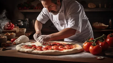 Tuinposter Pizza making process. Male chef hands making authentic pizza in the pizzeria kitchen. © Damerfie
