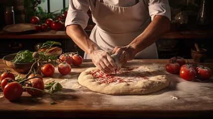 Schilderijen op glas Pizza making process. Male chef hands making authentic pizza in the pizzeria kitchen. © Damerfie
