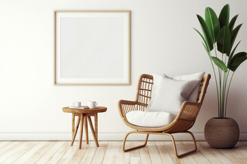 Discover the bohemian elegance of a stylish living room with a wicker chair, floor vases, and a...