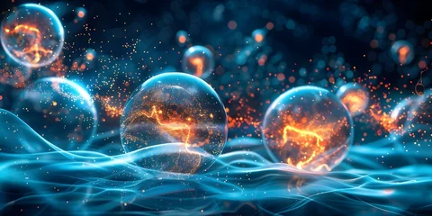 Fotobehang Visual representation of quantum computing with bursting spheres and dynamic waves. Concept Quantum Computing, Bursting Spheres, Dynamic Waves, Visual Representation © Ян Заболотний