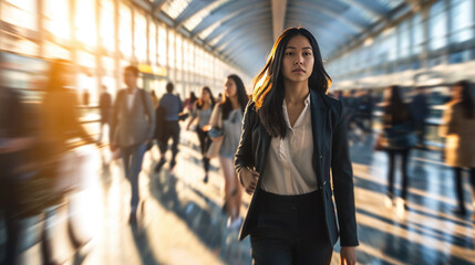 Confident businesswoman walking through a busy transit area, with a motion blur effect that suggests the fast pace of her surroundings.
