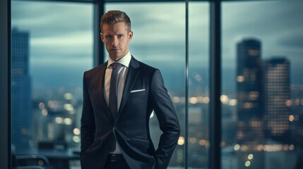 A man in a suit and tie stands in front of a city skyline - Powered by Adobe