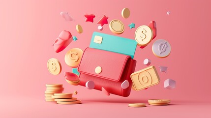 Minimal wallet with credit card, banknote and dollar coin, 3d illustration