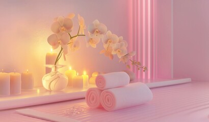 Spa composition with candles and pink orchids. 3D rendering. Spa still life.