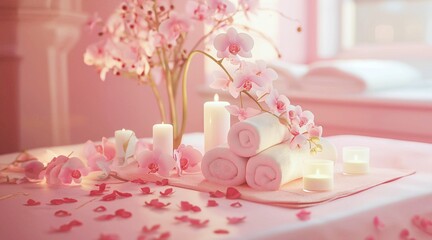 Spa composition with candles and pink orchids. 3D rendering. Spa still life.