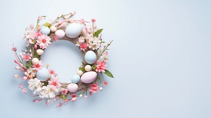 Easter wreath made of Easter eggs, flowers and berries, pastel colors, top view, flatley, copy space, 3D rendering