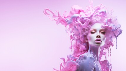 3D illustration of a beautiful girl with pink hair and creative makeup in pastel colors. 3D rendering.