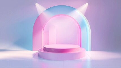 Abstract stage podium mockup with geometric shapes in pastel colors. 3d rendering, abstract background, neon light, round podium and round stage. Award ceremony concept.