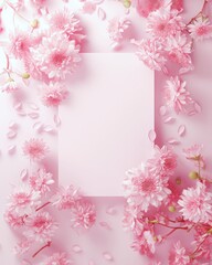 Frame of cherry blossoms, petals and pink chrysanthemums on a pastel pink background. Flower composition. Flat lay, top view, copy space.