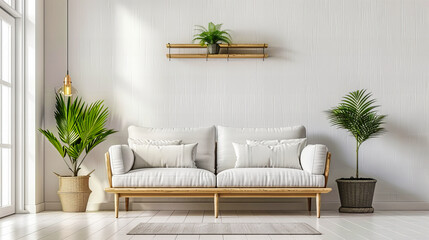 Cozy and Stylish Living Room: Modern Sofa with Natural Wood Accents and Minimal Decor in a Bright Apartment