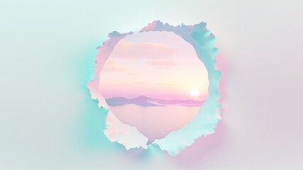 Torn paper in pastel colors, 3D rendering. Hole in paper with a view of the seascape through the hole, lilac and pink color. Paper art style.