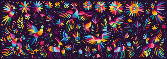 Big collection of traditional elements of Mexican pattern Otomi, flowers, leaves, birds, animal - 756686892