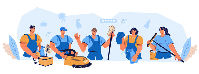 Staff of professional cleaners offer expert housework services, flat vector illustration isolated on white background. Professional cleaners and janitorial staff.
