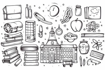 Back to school elements and education doodle clipart sketch outline illustration on white background